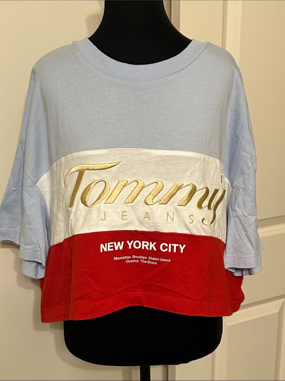 Tommy Hilfiger Light Blue White Red Colorblock NYC Cropped Tee